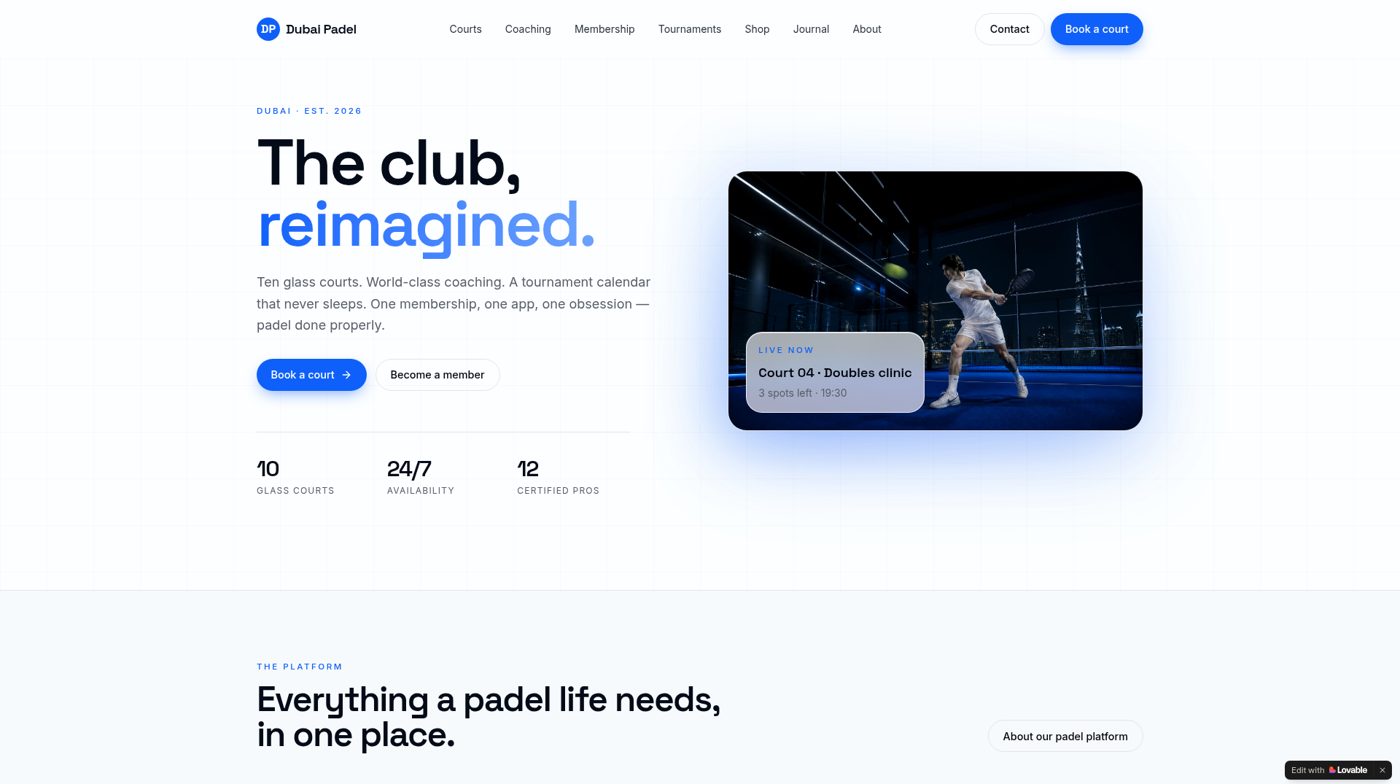 JN Dubai Padel website homepage designed and built by James Newham